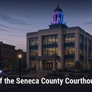 Fostoria News Exterior view of the Seneca County Courthouse at dusk with surrounding historic buildings.
